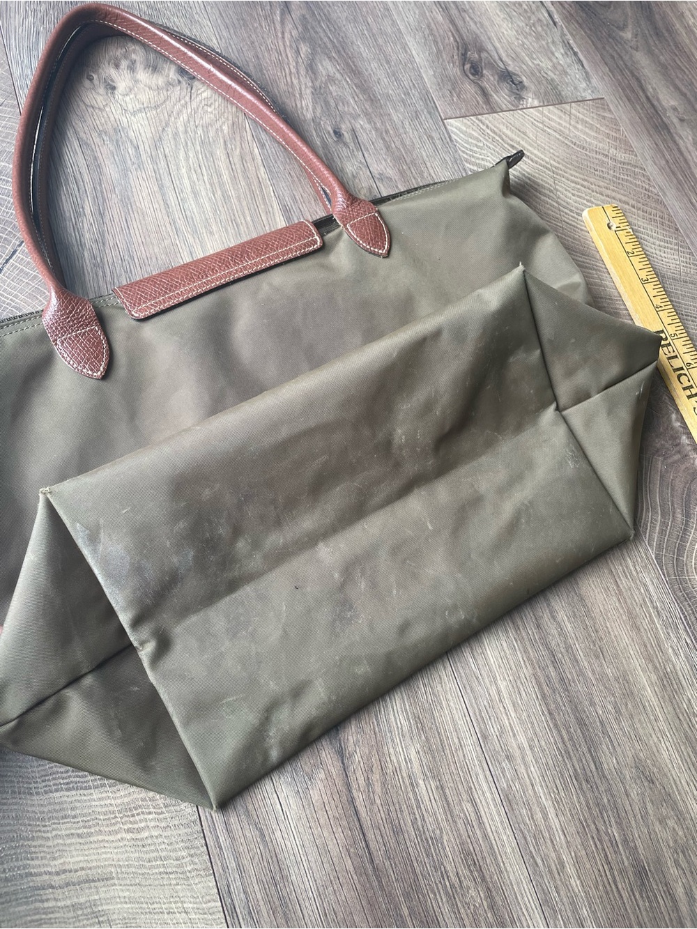Vintage Longchamp Le Pliage Large Tote Bag Olive Green Leather Trim Gold Snap - Picture 3 of 16